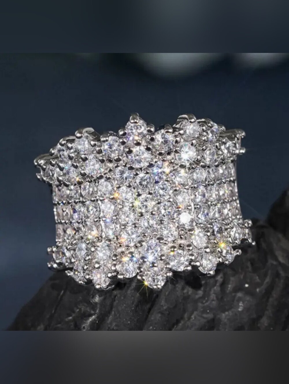 White Rhodium Sapphire pave Cocktail Ring.